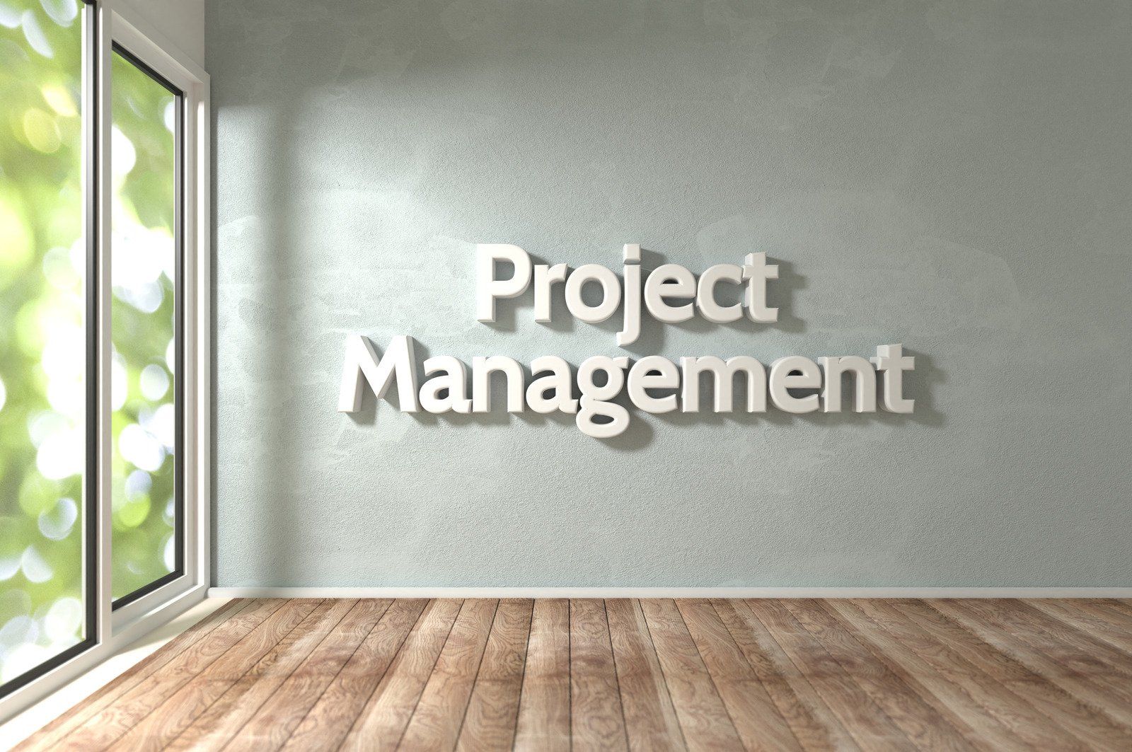 A room with a window and the words `` project management '' on the wall.