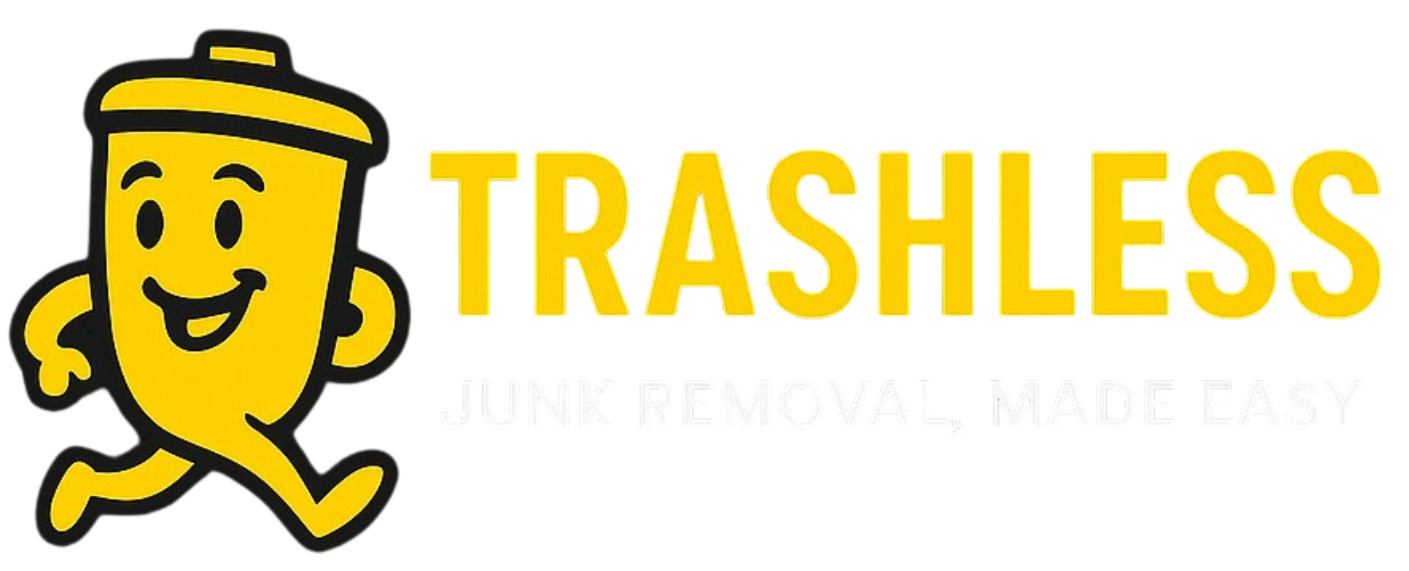 Yellow smiling trash can mascot with “TRASHLESS” logo in yellow text