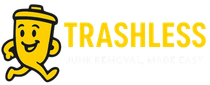 Yellow smiling trash can mascot with “TRASHLESS” logo in yellow text