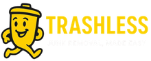 Yellow smiling trash can mascot with “TRASHLESS” logo in yellow text