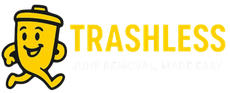 Yellow smiling trash can mascot with “TRASHLESS” logo in yellow text