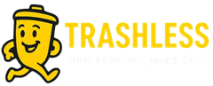 Yellow smiling trash can mascot with “TRASHLESS” logo in yellow text