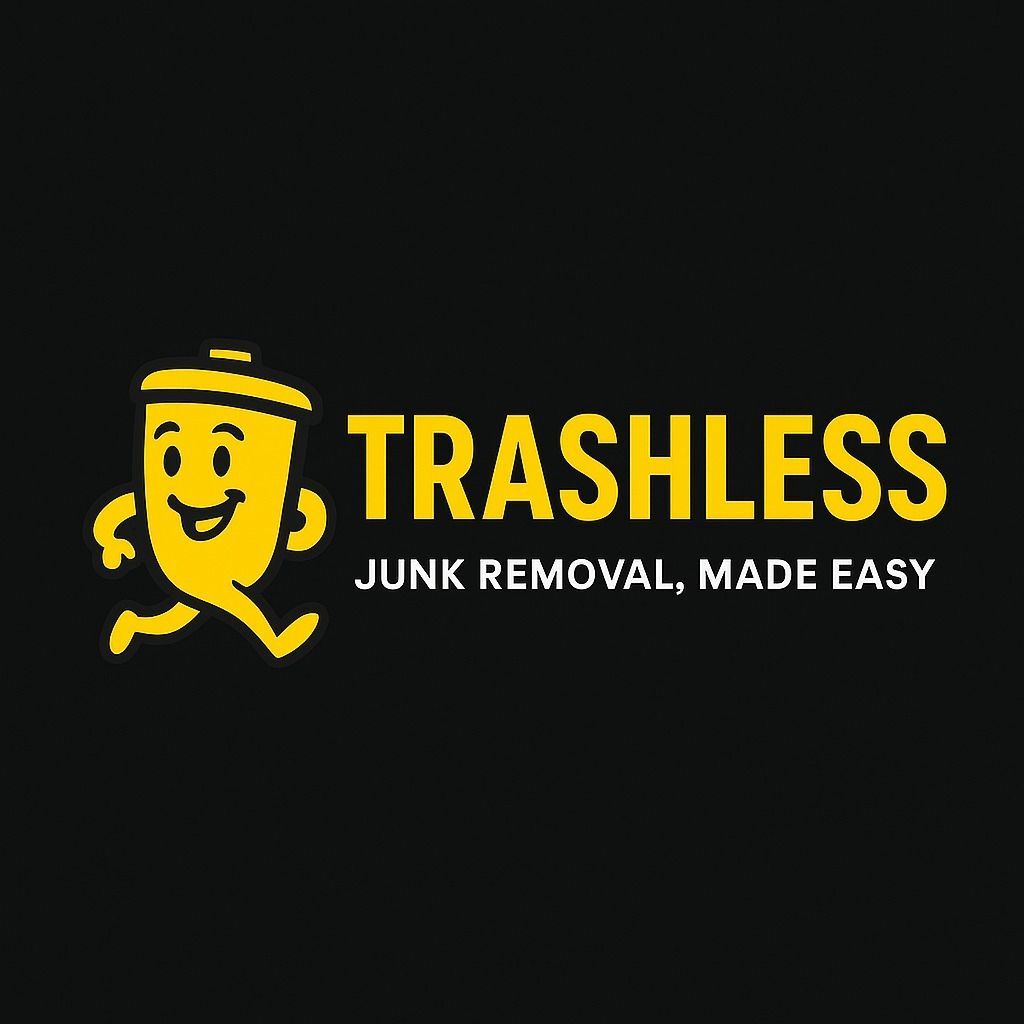 Yellow Trashless junk removal logo on black background with smiling trash can mascot and slogan “JUNK REMOVAL, MADE EASY”