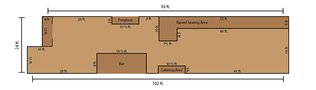 A floor plan of venue with measurements on a white background
