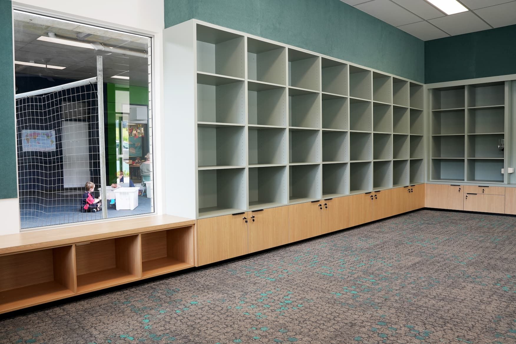 Large shelving units in a school