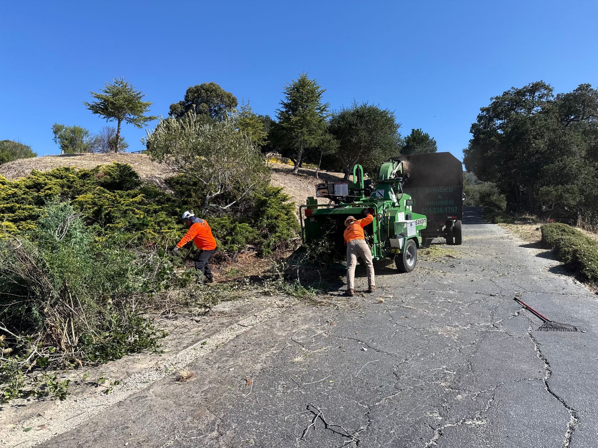 Workers clearing brush beside a cracked road with a green machine and truck on a sunny hillside