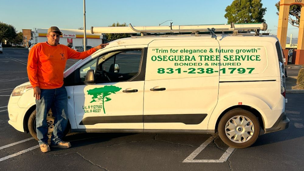 Man in orange shirt stands by a white van with 