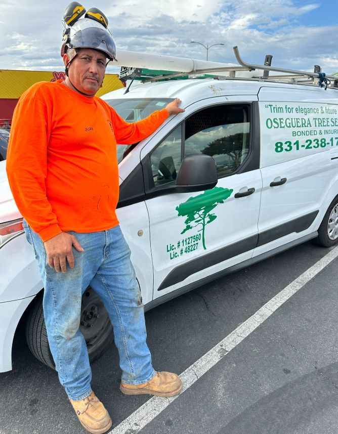 Man in safety gear leans against a white van, 