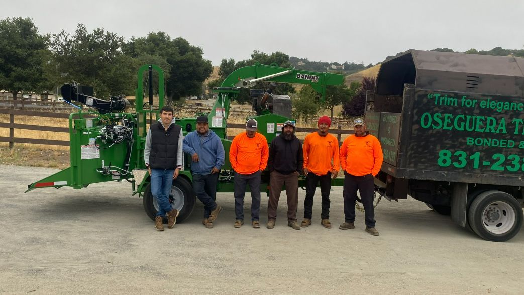 Six people standing next to a green wood chipper and truck, outdoors. Some wear orange vests.