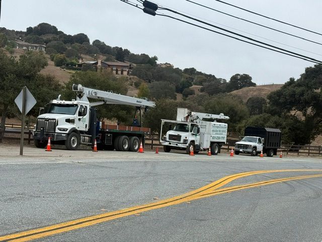 Two utility trucks with orange cones on a roadside near hills and power lines
