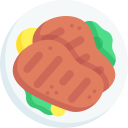 Illustrated grilled steak with green garnish on a white plate icon
