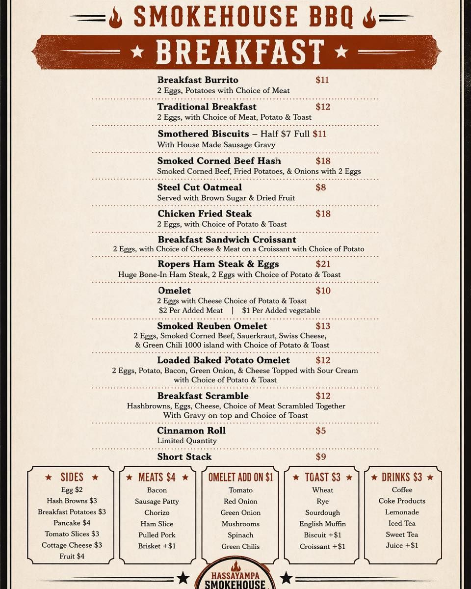 Smokehouse BBQ breakfast menu with rustic brown and cream design, listing breakfast dishes and prices.