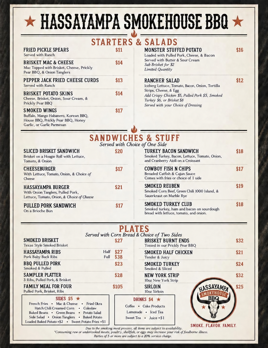 Blurry restaurant menu with sections for starters, salads, sandwiches, and plates.