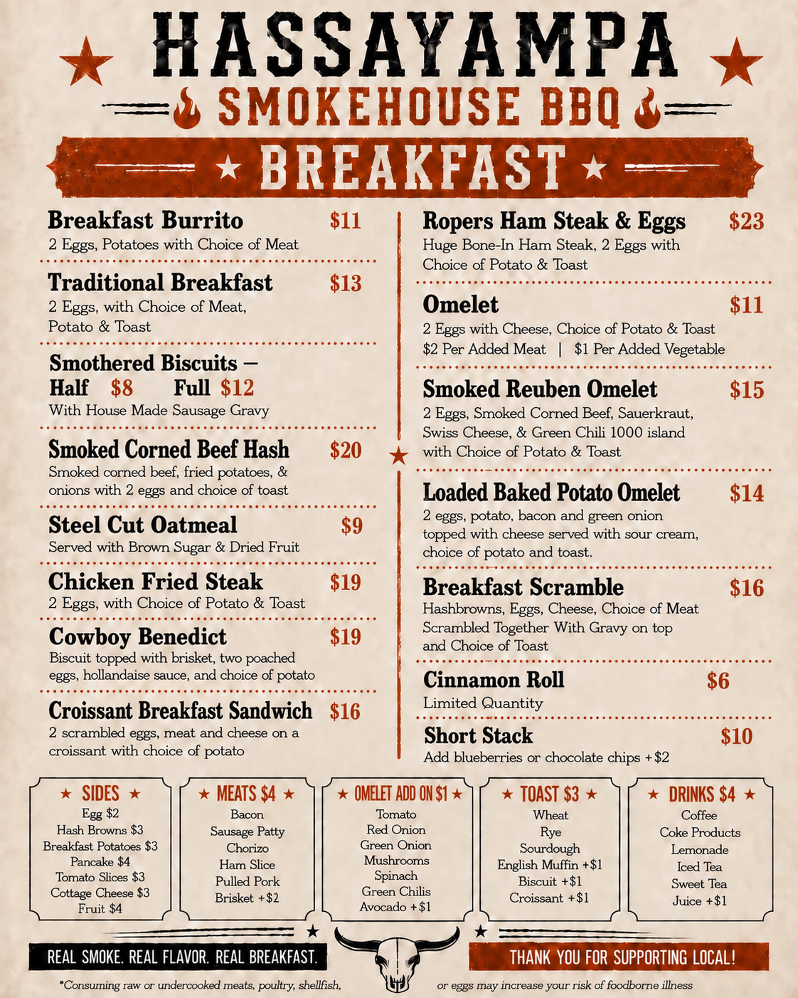 Smokehouse BBQ breakfast menu with rustic brown and cream design, listing breakfast dishes and prices.