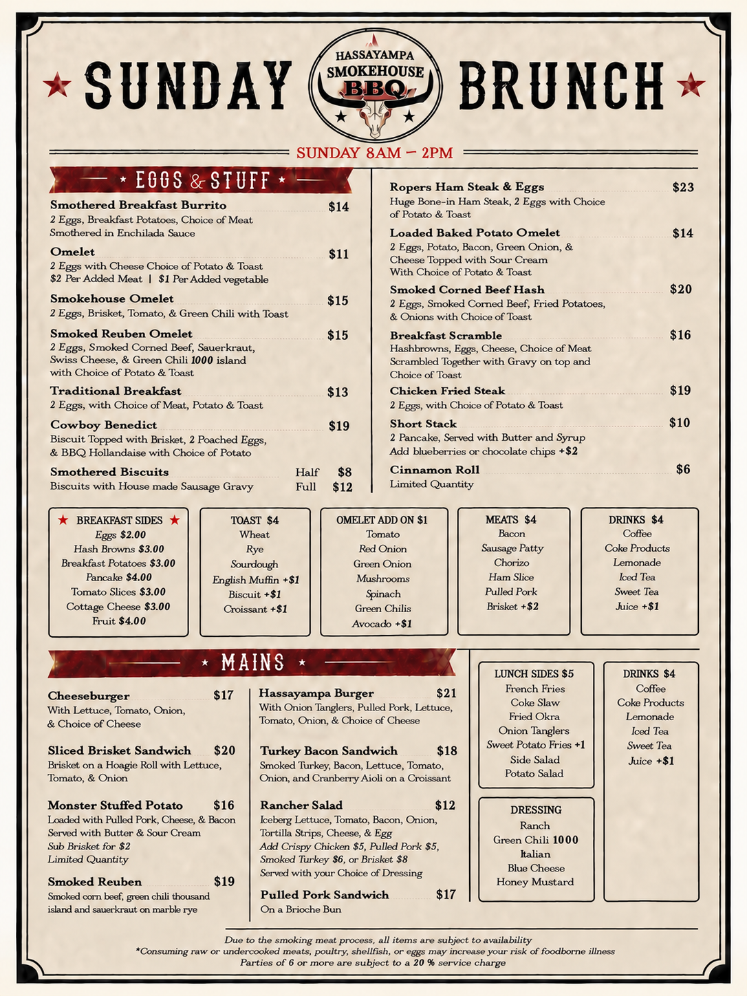 Sunday brunch menu poster with breakfast and lunch items in black text on a white background.