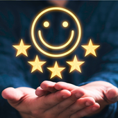 Hands cupped beneath a glowing smiley face with stars on a dark blue background