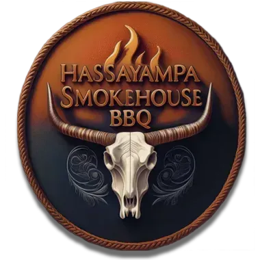 Hassayampa Smokehouse BBQ logo with a longhorn skull, rope border, and flames on a brown circular badge
