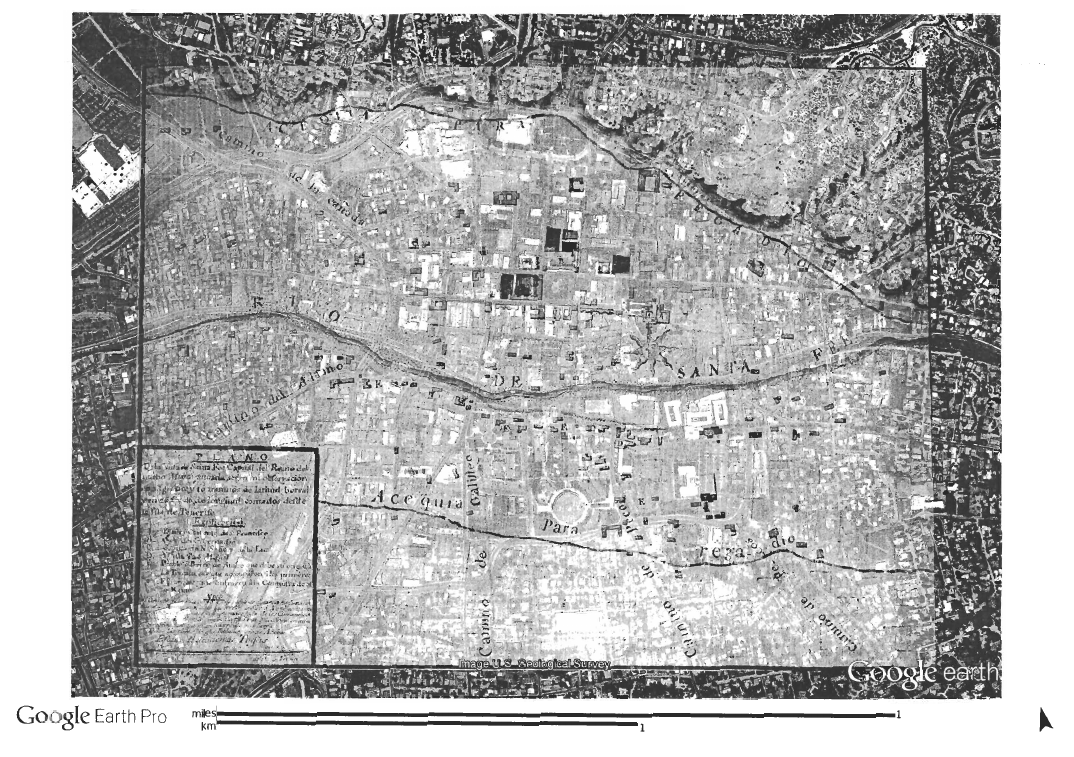 Archival comparison placing Urrutia’s 1766 Santa Fe map over a later Google Earth aerial view
