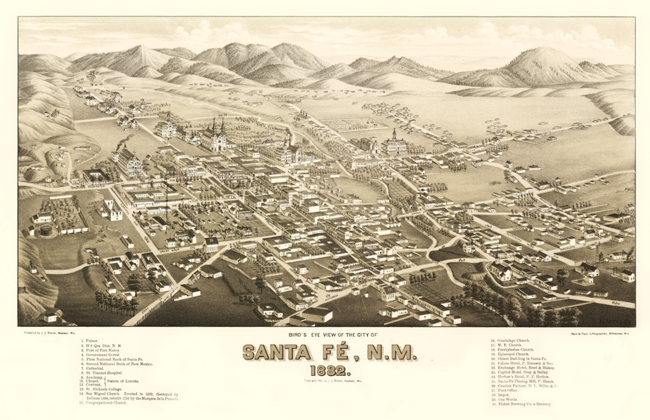 Bird’s-eye map of Santa Fe published in 1882, showing streets, buildings, and the railroad