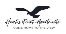 Silhouette of a hawk in flight above text: "Hawk's Point Apartments. Come Home to the View".
