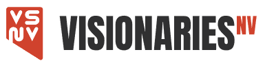 Logo for Visionaries NV, a red and white angled square with 