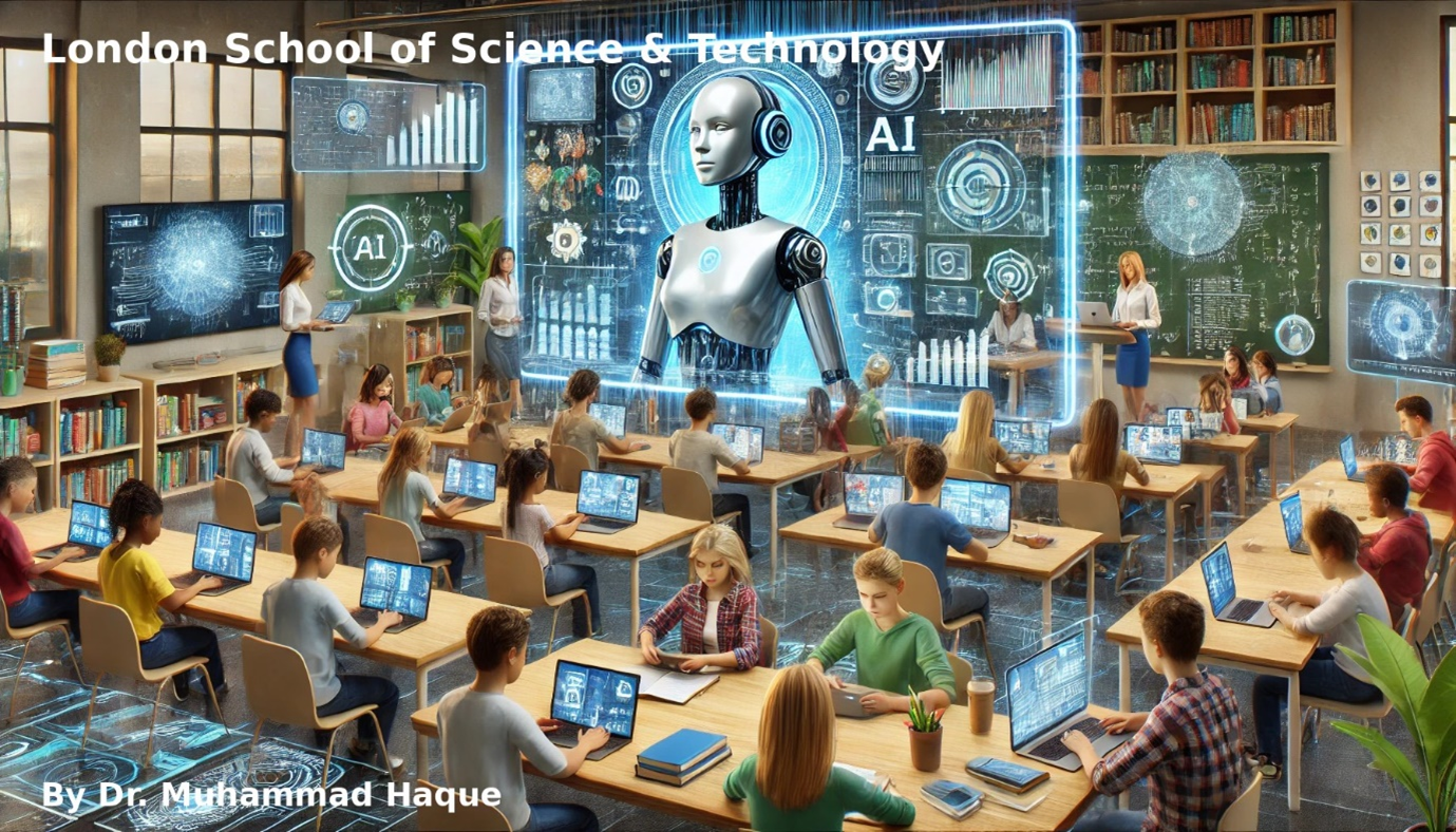 Classroom with students using laptops, a robot AI display, and a teacher in a futuristic London school setting.