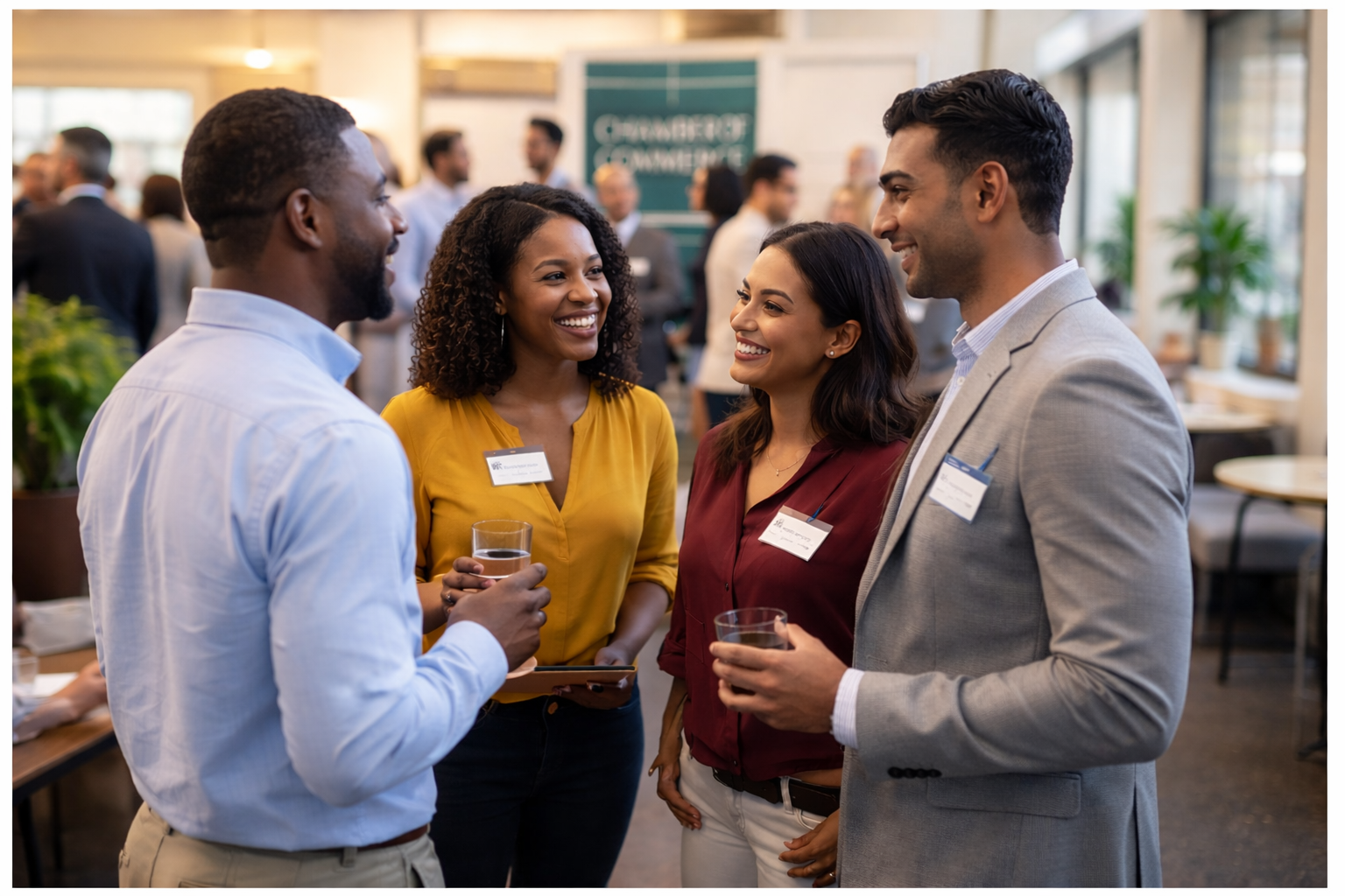 Four people at a networking event, smiling and talking while holding drinks. Background shows other attendees.