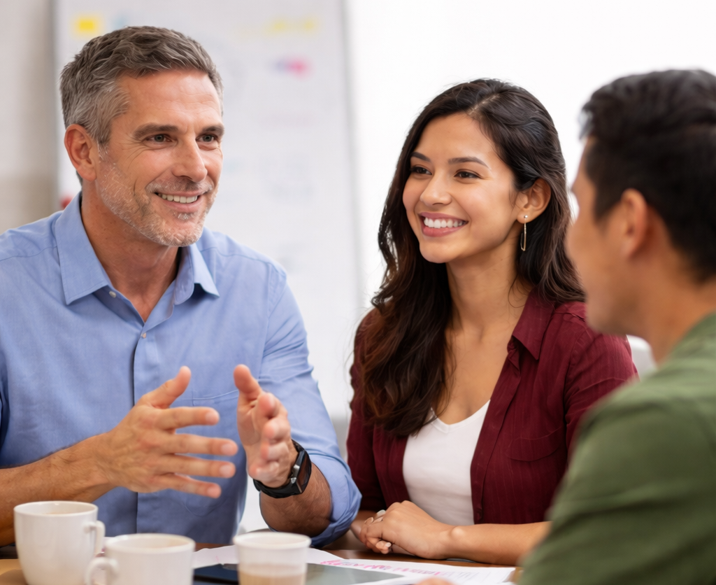 Three people smiling and talking at a table; man in blue shirt gestures while two others listen.
