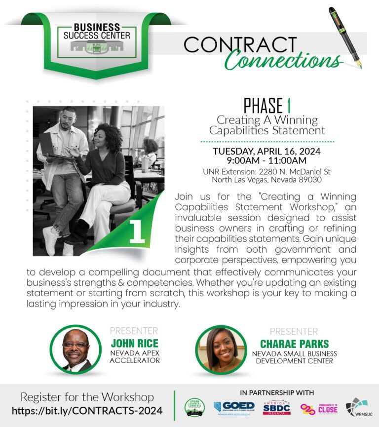 Flyer for a workshop on creating capability statements. Features two presenters, and a photo of two people discussing a document.