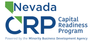 Logo for Nevada CRP Capital Readiness Program. Blue text and a green Nevada outline.