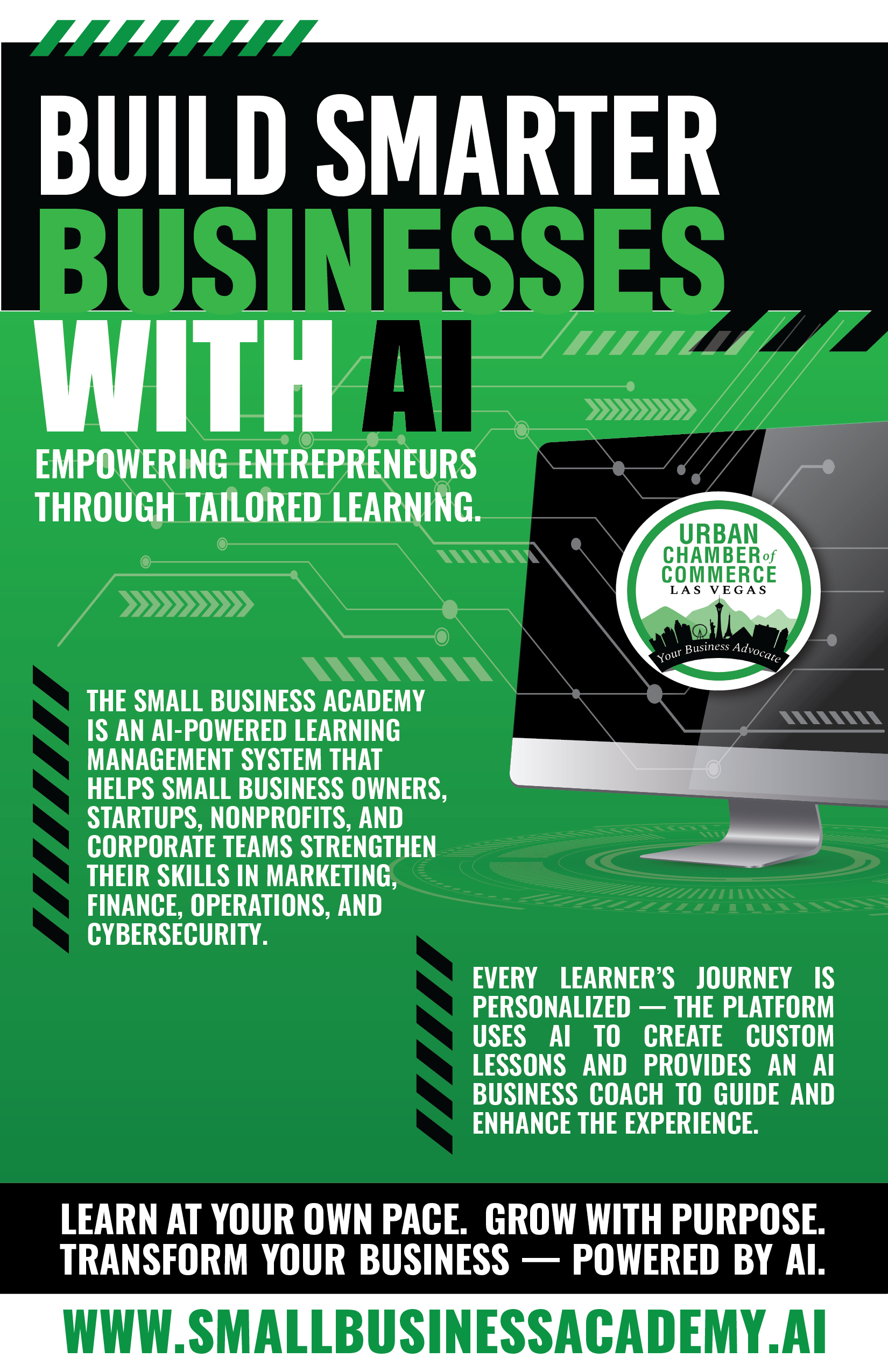 Poster promoting small business academy with text, a computer graphic, and green accents.