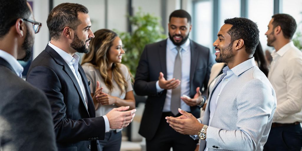 business professionals networking at a chamber of commerce event