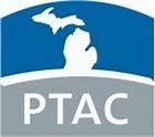 PTAC logo with the outline of Michigan in white on a blue background, over gray and white text: "PTAC".
