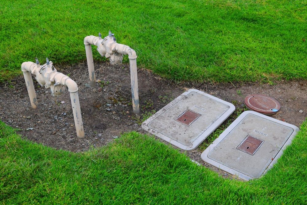 Two Water Valve Pipes Stand Beside Two Rectangular Access Covers — Hunter Plumbing And Hotwater in Medowie, NSW