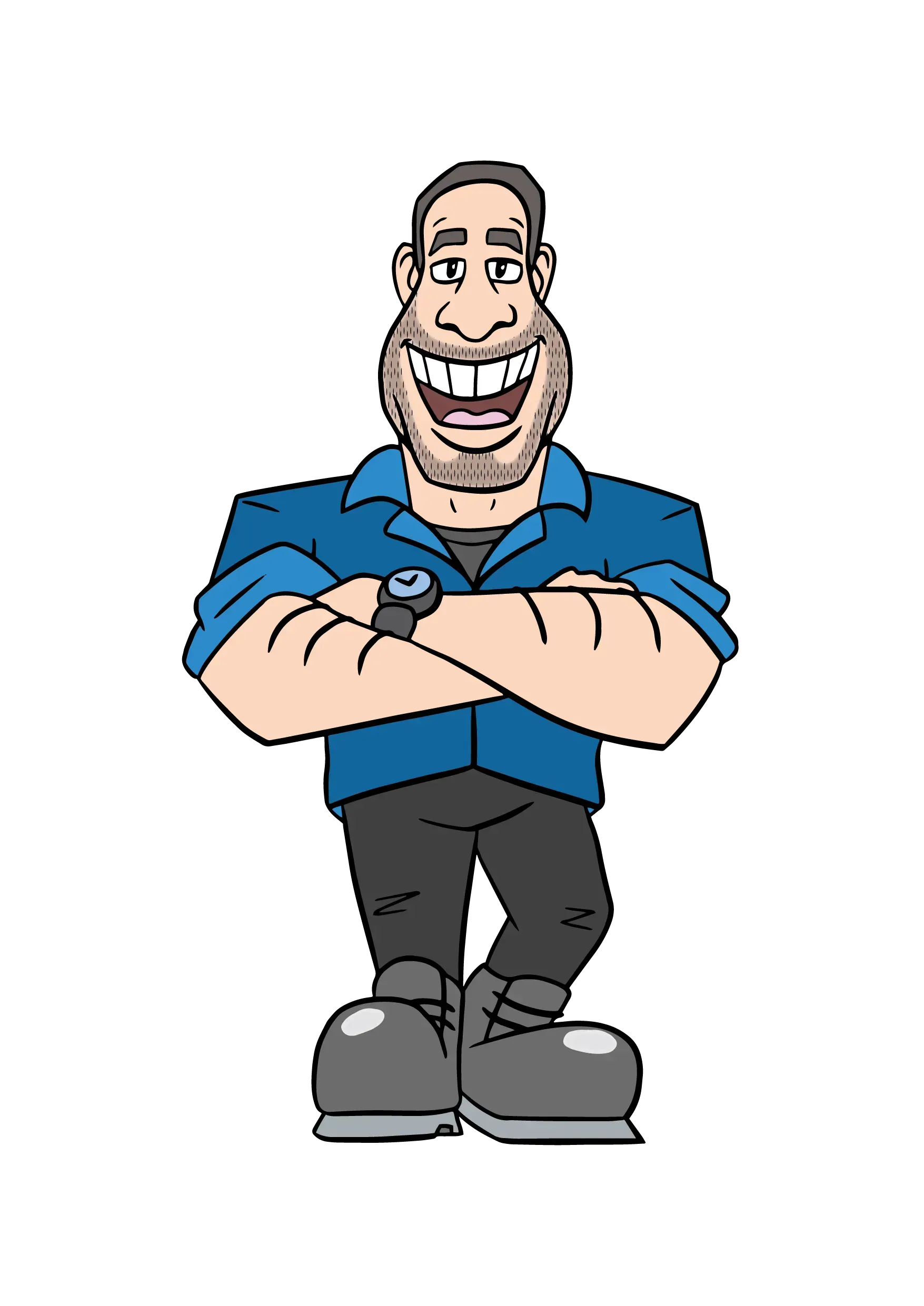 Bearded Man With Arms Crossed, Smiling. Wearing Blue Shirt, Watch, Black Pants, and Large Gray Boots — Hunter Plumbing And Hotwater in Raymond Terrace, NSW