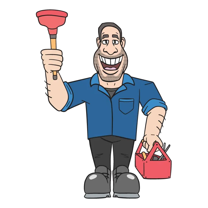 Cartoon Plumber Holding a Plunger and Toolbox, Smiling, Wearing Blue Shirt and Black Pants — Hunter Plumbing And Hotwater in Raymond Terrace, NSW