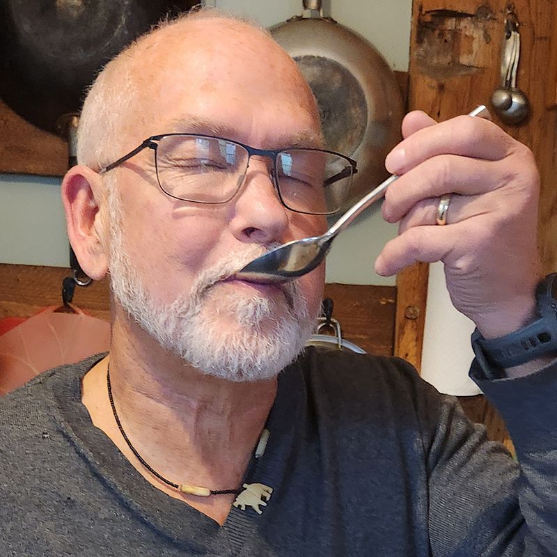 Carl tasting some of Franco's olive oil
