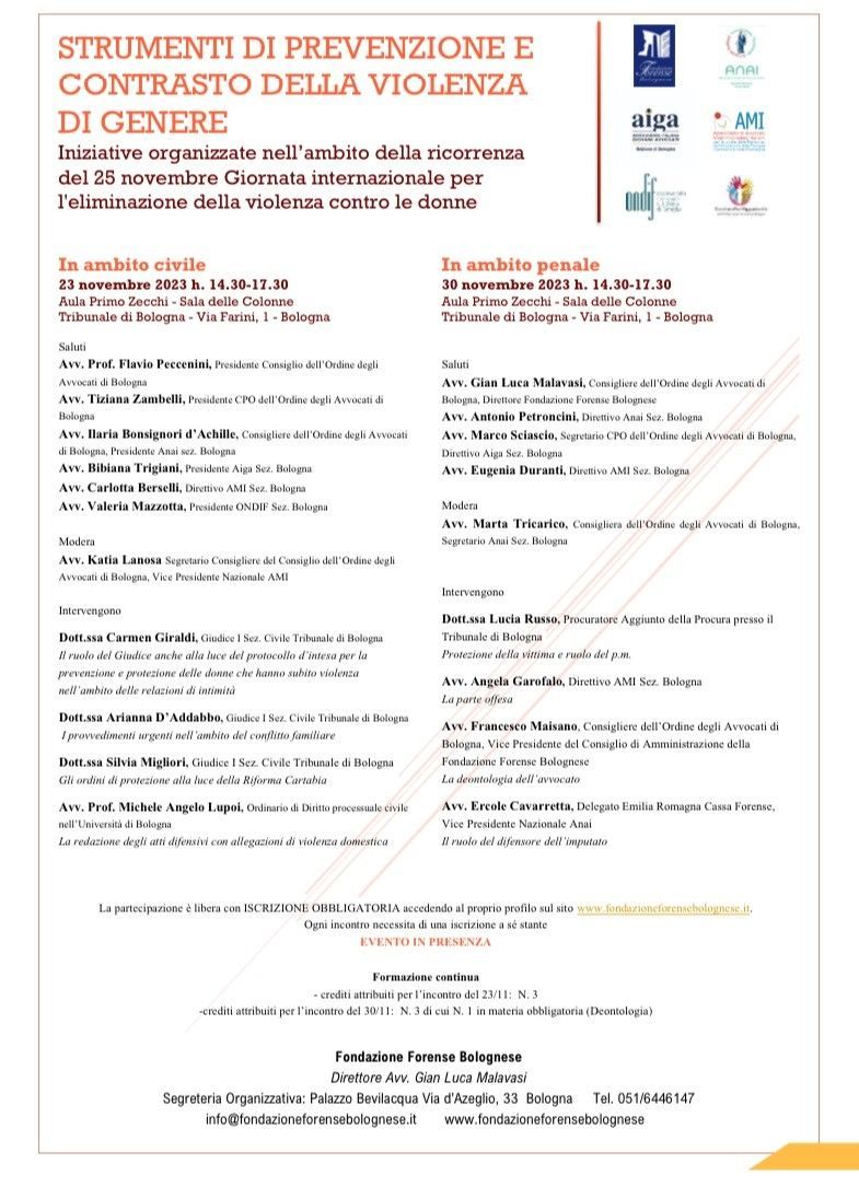 Poster: Conferenza sulla prevenzione della violenza di genere, novembre, con elenco dei relatori e degli sponsor.