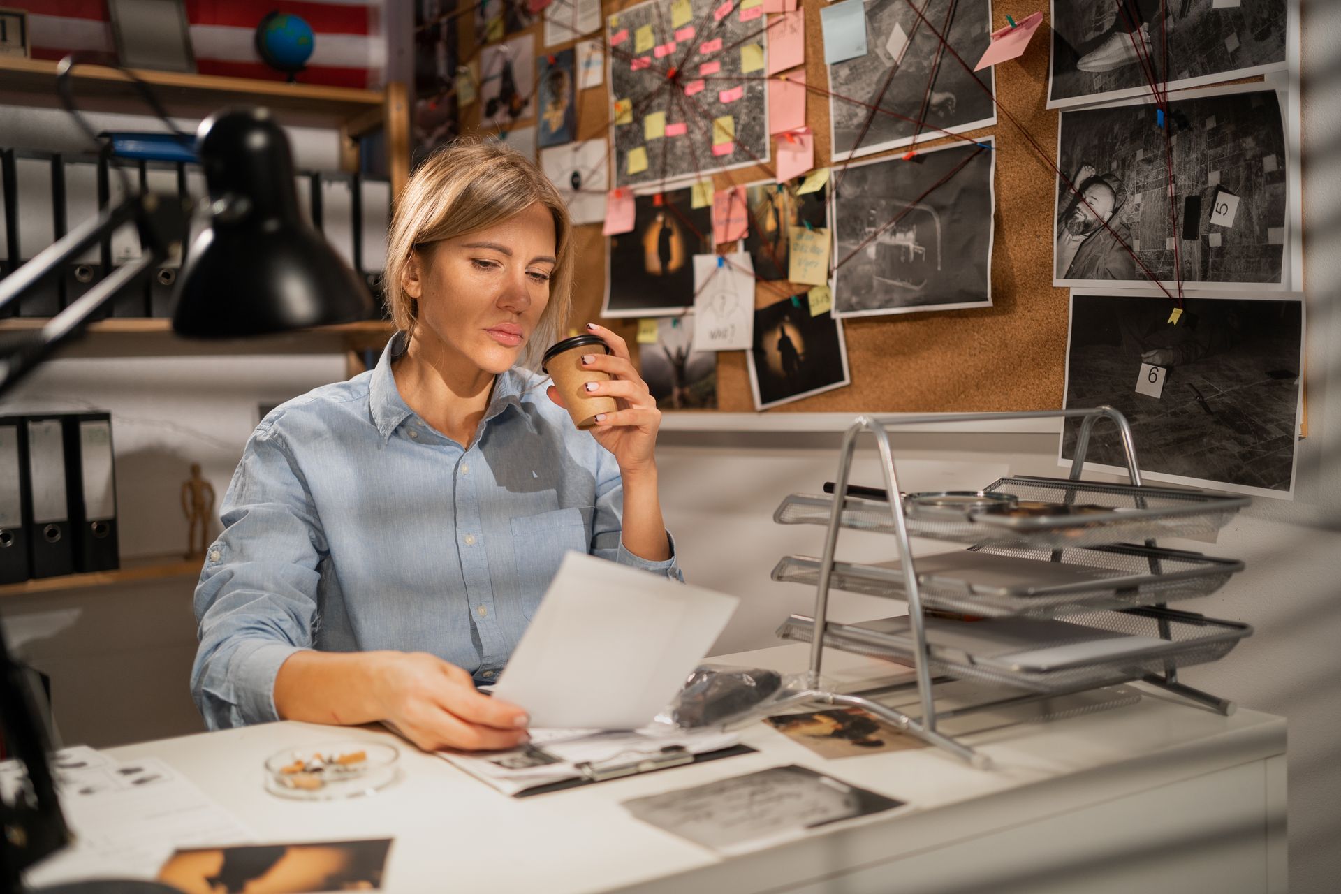Female criminal investigator working at desk with laptop computer in her office. Female criminal investigator working at desk with laptop computer in her office.