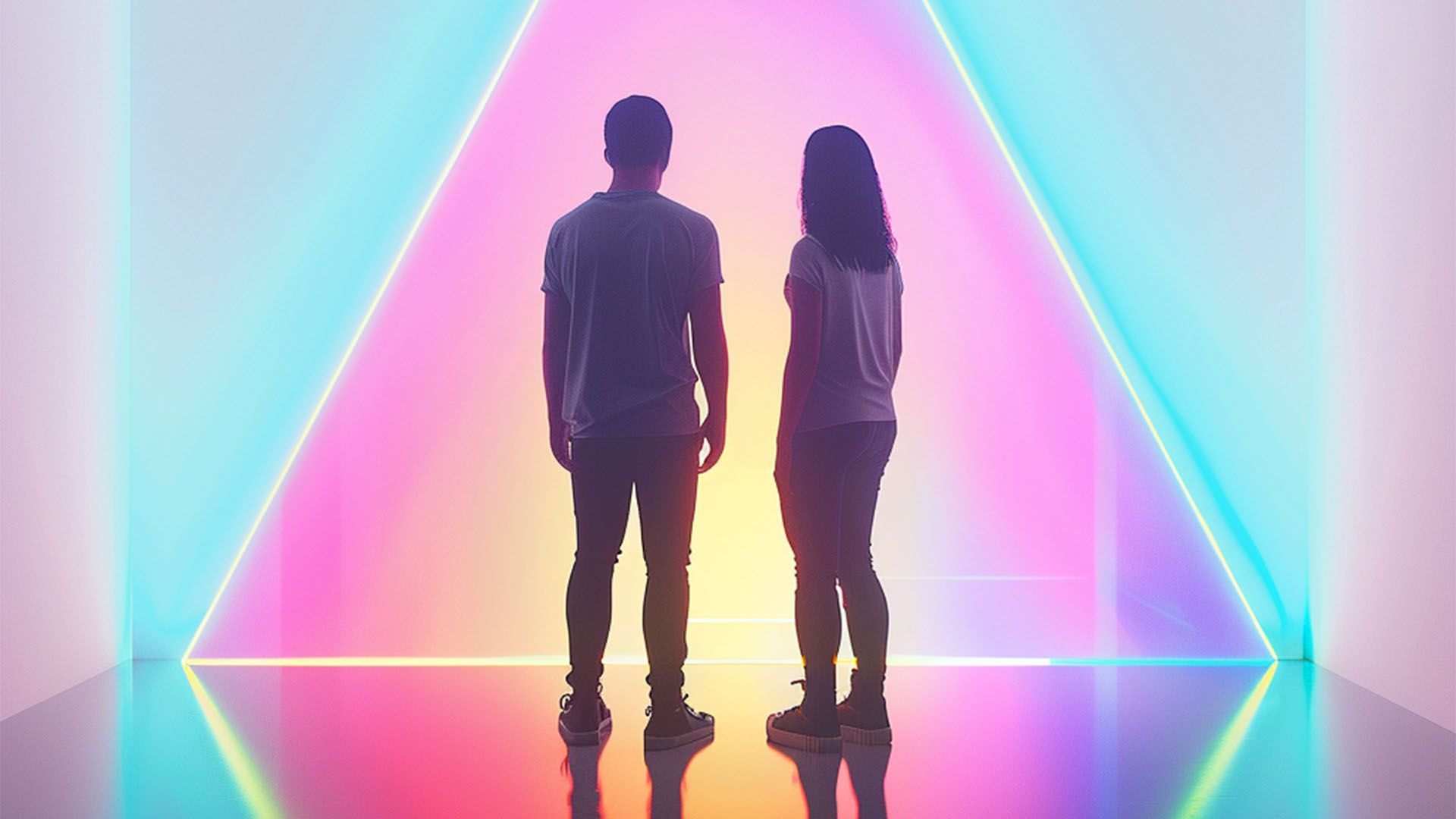 A couple standing in front of a neon portal to representing stepping into an AI future