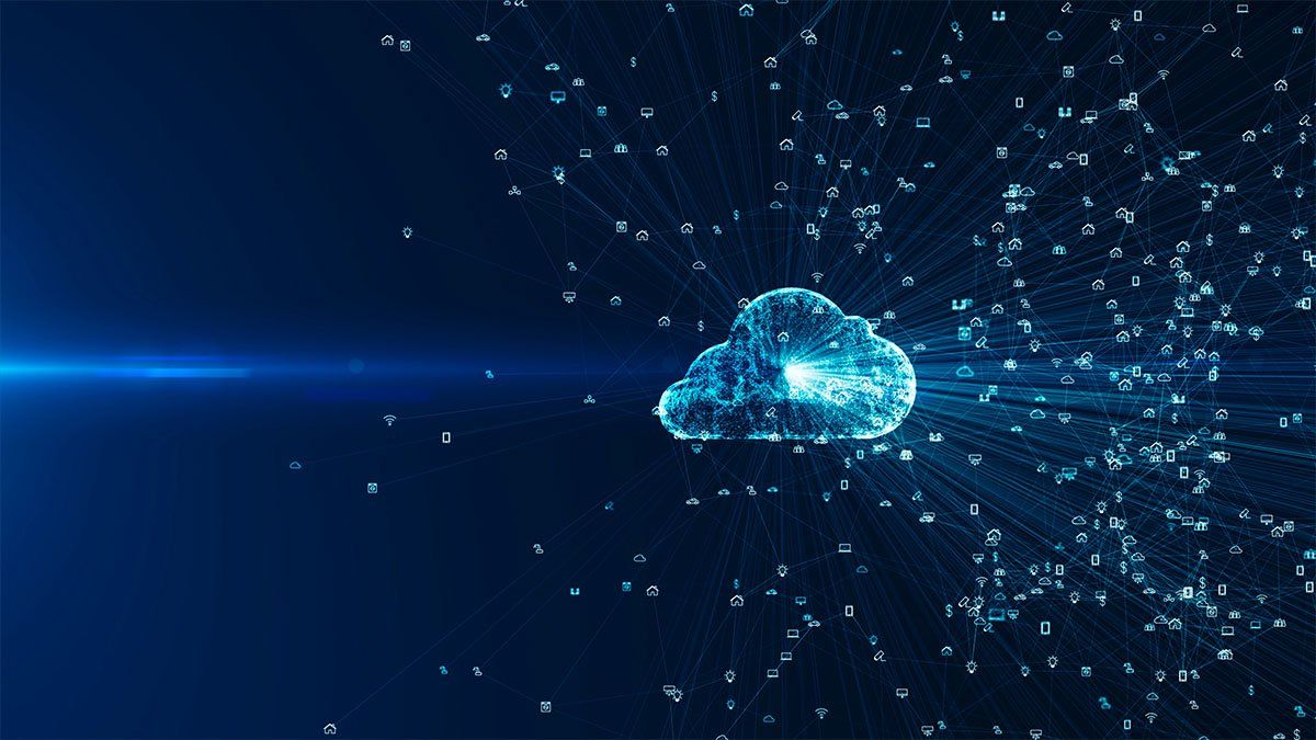 Neon outline of cloud with apps and light emanating