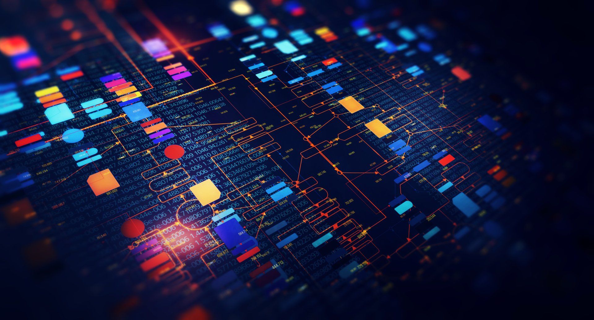 Complex glowing screen of numbers and flowcharts