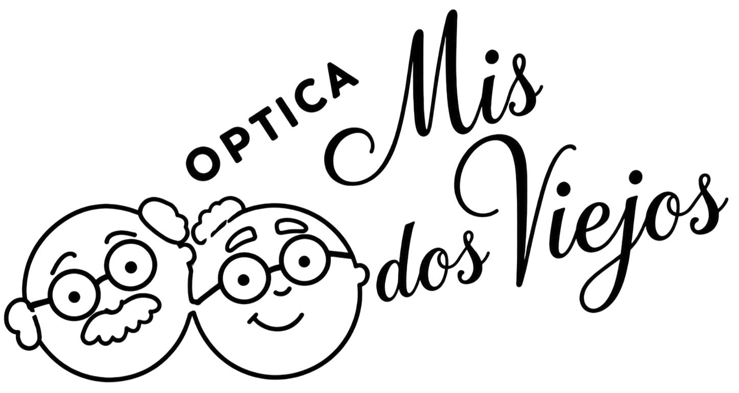 Logotipo óptico con dos caras de dibujos animados y el texto “Óptica Mis dos Viejos”