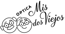 Logotipo óptico con dos caras de dibujos animados y el texto “Óptica Mis dos Viejos”