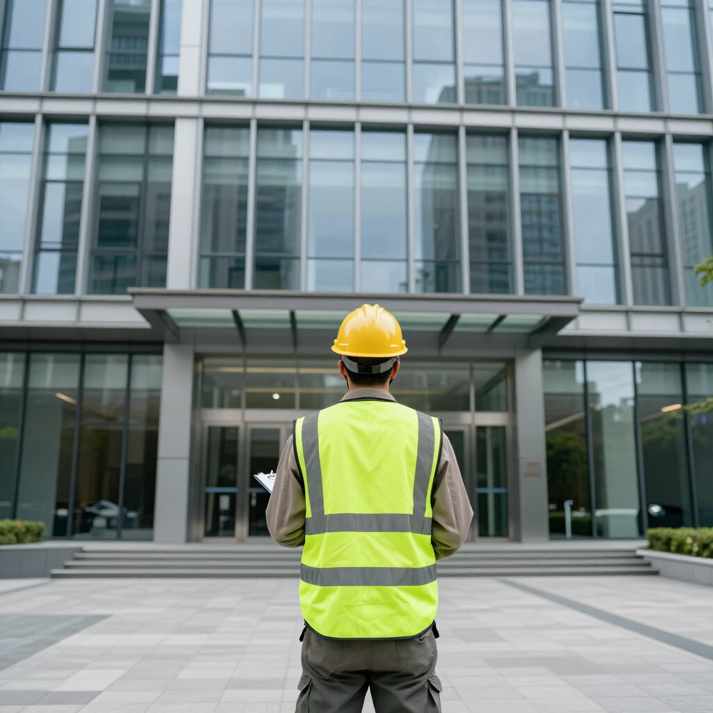 Worker in yellow safety vest and hard hat facing a modern glass office building entrance.