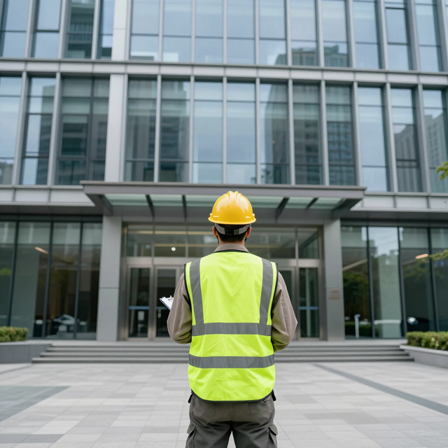 Worker in yellow safety vest and hard hat facing a modern glass office building entrance.