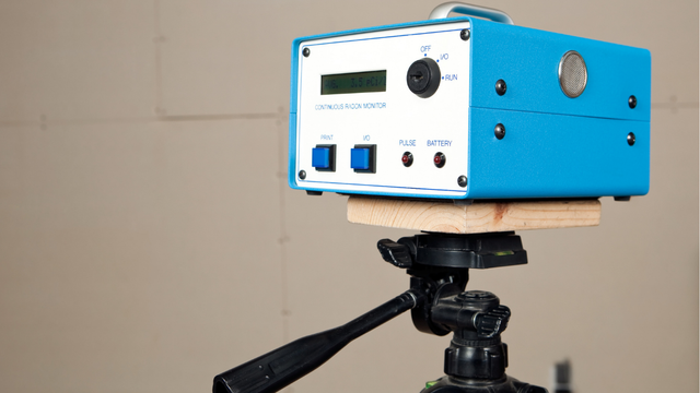 Blue and white electronic device mounted on a tripod against a plain background