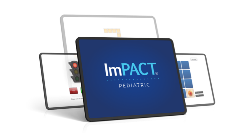 Blue tablet displaying “ImPACT” in front of two blurred laptop screens