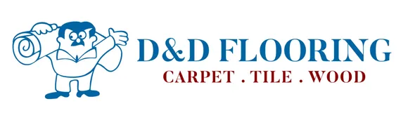 D&D Flooring logo with blue cartoon mascot and the words “Carpet. Tile. Wood.”