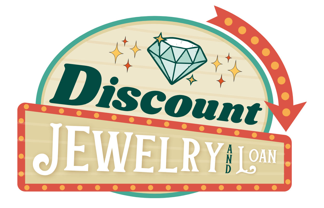 Discount Jewelry Loan sign with teal, white, and orange lettering and a diamond icon